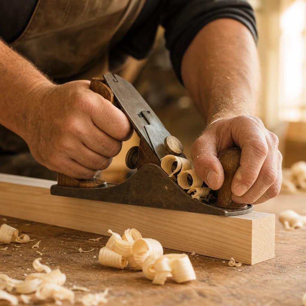 Hands planing a length of timber in the workshop
